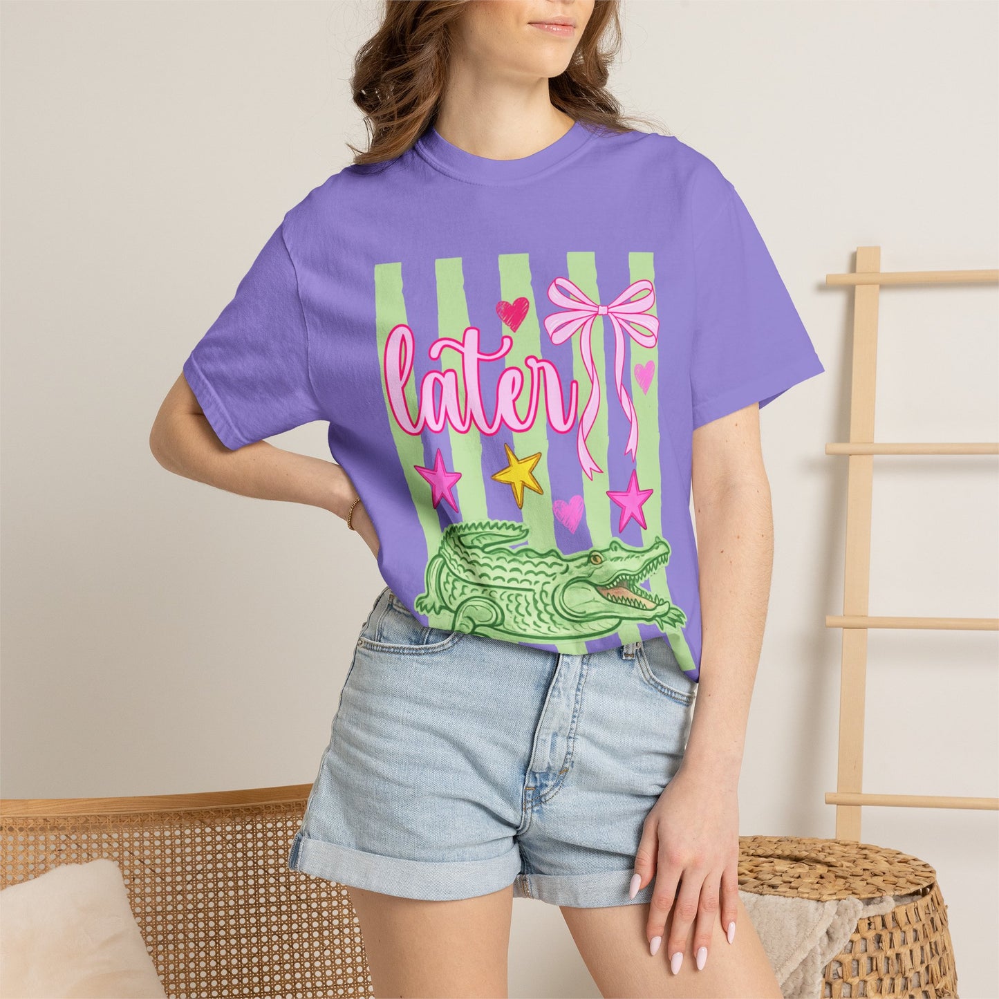 Crocodile 'Later' Graphic T-Shirt — Pastel Bow & Stars Tee